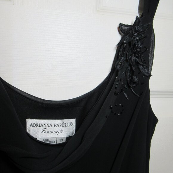 Adrianna Papell Black Chiffon Gown Floral Applique Beads EUC Whimsigoth Cowl - Picture 6 of 16